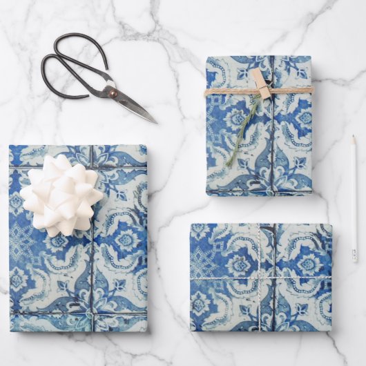 アンティークヴィンテージポルトガルのタイル模様 – Azulejo ラッピングペーパーシート (正面)