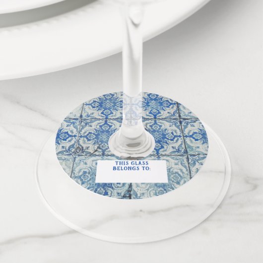 アンティークヴィンテージポルトガルのタイル模様Azulejo ワイングラスタグ (クローズアップ)