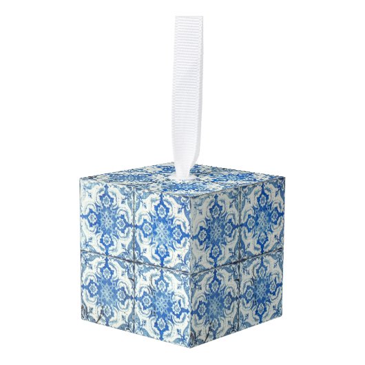 アンティークヴィンテージポルトガルのタイルAzulejoクリスマス キューブオーナメント (正面アングル)