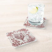 アンティークヴィンテージロスターレッドトワールフローラスクリプト ガラスコースター (アングル)