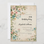 アンティークヴィンテージ花模様シャビーシック90th誕生日 招待状 (正面)