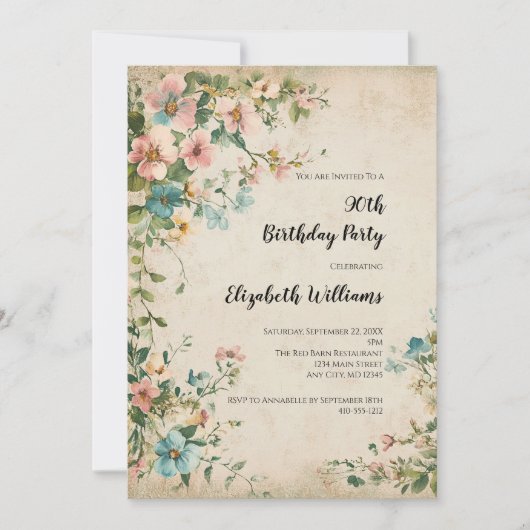アンティークヴィンテージ花模様シャビーシック90th誕生日 招待状 (正面)