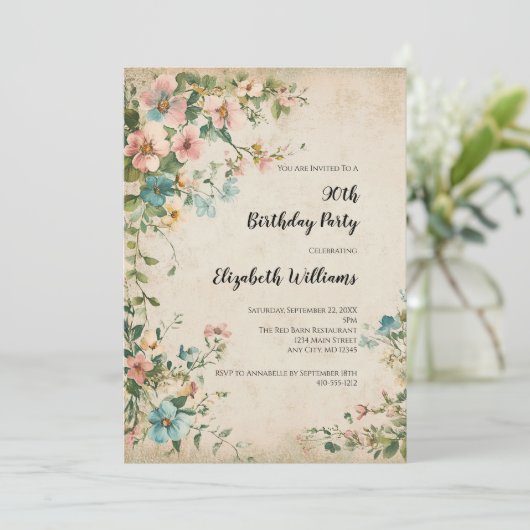 アンティークヴィンテージ花模様シャビーシック90th誕生日 招待状 (スタンド正面)