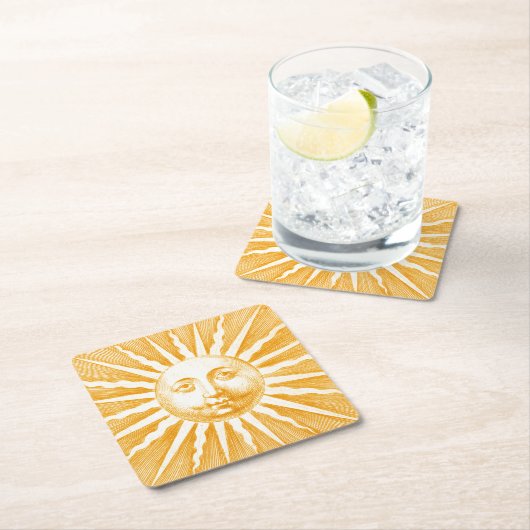 アンティークヴィンテージ金ゴールドイエローサン顔 スクエアペーパーコースター (インサイチュ)