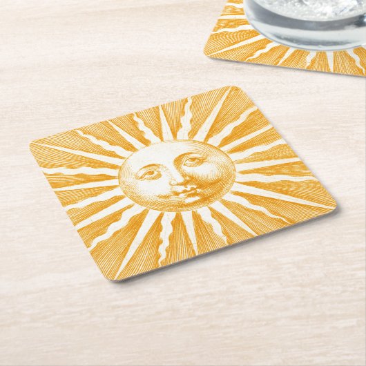 アンティークヴィンテージ金ゴールドイエローサン顔 スクエアペーパーコースター (アングル)