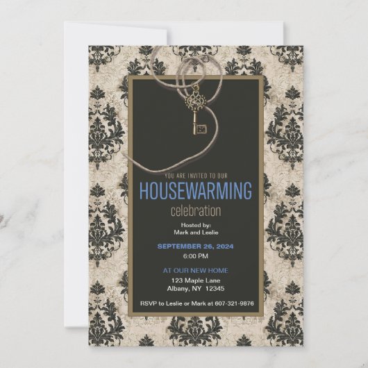 アンティークヴィンテージ鍵ダマスク引っ越し祝いパーティーパーティー 招待状 (正面)