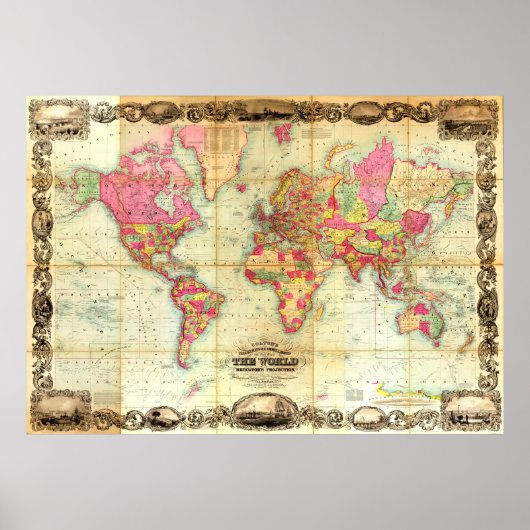 アンティーク世界地図ヴィンテージ図 ポスター (正面)