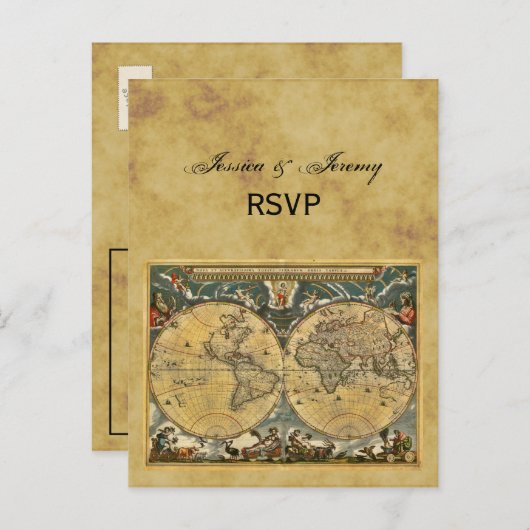 アンティーク世界地図動揺して(BG RSVP) インビテーションポストカード (正面/裏面)