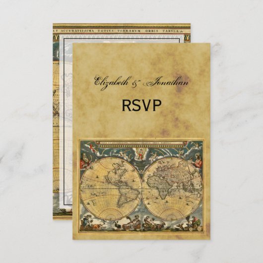 アンティーク世界地図動揺して(BG RSVP) 出欠カード (正面/裏面)