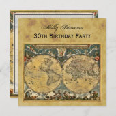 アンティーク世界地図動揺してBG SQ誕生日 招待状 (正面/裏面)