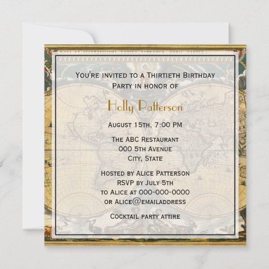 アンティーク世界地図動揺してBG SQ誕生日 招待状 (裏面)