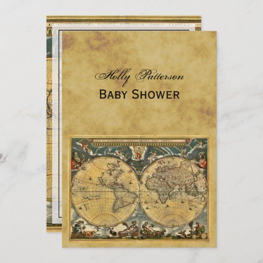 アンティーク世界地図動揺してBG Vベビーシャワー 招待状 (正面/裏面)