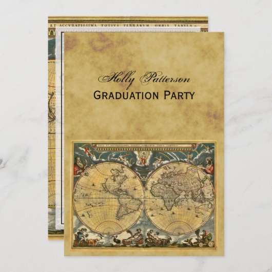 アンティーク世界地図動揺してBG V卒業 招待状 (正面/裏面)