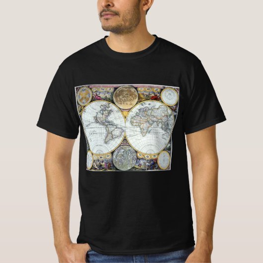 アンティーク世界地図、アトラス・マリティムス by John Seller Tシャツ (正面)
