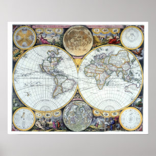 アンティーク世界地図,アトラス・マリティムスby John Seller ポスター