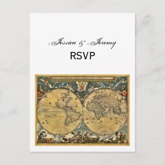 アンティーク世界地図、ホワイトBG RSVP インビテーションポストカード (正面)