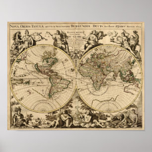 アンティーク世界地図， 1694, by Alexis Hubert Jaillot ポスター