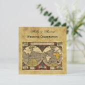 アンティーク世界地図#2、ダメージ加工の背景が四角い結婚式 招待状 (スタンド正面)