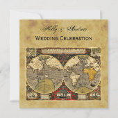 アンティーク世界地図#2、ダメージ加工の背景が四角い結婚式 招待状 (正面)