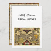 アンティーク世界地図#2, DIYホワイトBG Vブライダルシャワー 招待状 (正面/裏面)