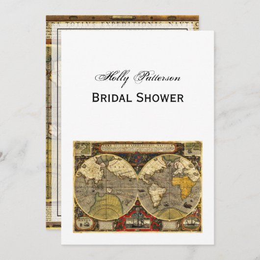 アンティーク世界地図#2, DIYホワイトBG Vブライダルシャワー 招待状 (正面/裏面)
