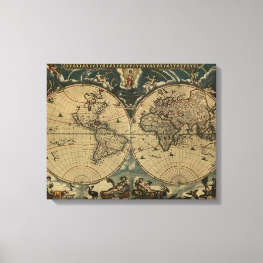 アンティーク世界地図byジョアン・ブラウ， 1664年頃 キャンバスプリント (正面)