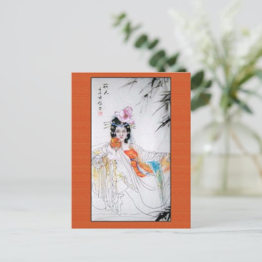 アンティーク中国のの絵を描オレンジ色のファンの女性 ポストカード (スタンド正面)