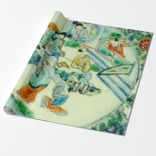 アンティーク中国のグリーンチャイノジュリーフローラ ラッピングペーパー (アンロールド)