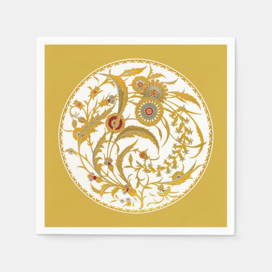 アンティーク中国のジャコビーンフローラ – マスタード金ゴールド スタンダードカクテルナプキン (正面)