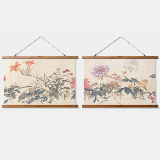 アンティーク中国のフラワー絵を描ズバイジュリアンプリント 吊り下げ型タペストリー (ダブル)