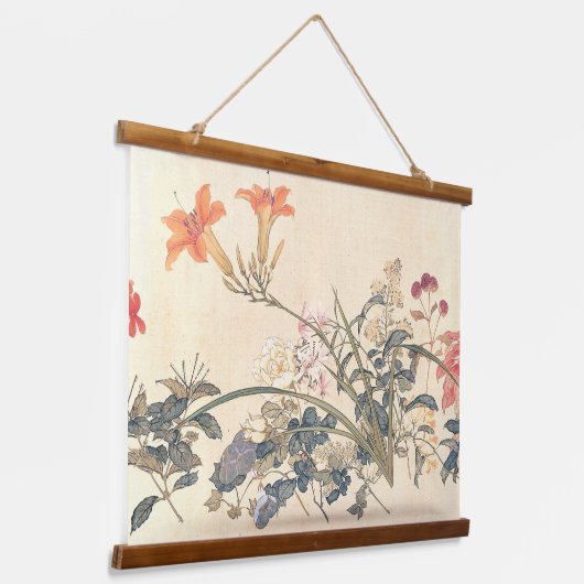 アンティーク中国のフラワー絵を描ズバイジュリアンプリント 吊り下げ型タペストリー (傾斜あり)