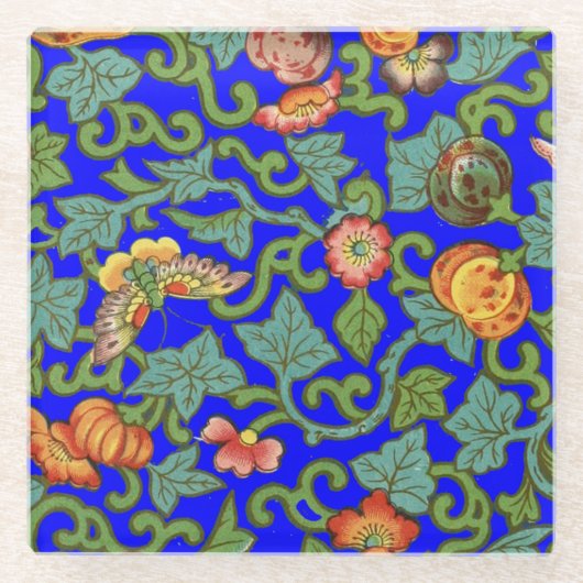 アンティーク中国の磁器花蝶 ガラスコースター (正面)