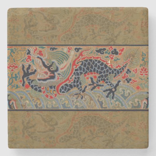 アンティーク中国龍シルク刺繍パターン ストーンコースター (正面)