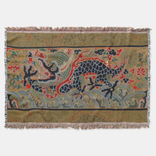 アンティーク中国龍シルク刺繍パターン スローブランケット (正面)