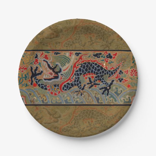 アンティーク中国龍シルク刺繍パターン ペーパープレート (正面)
