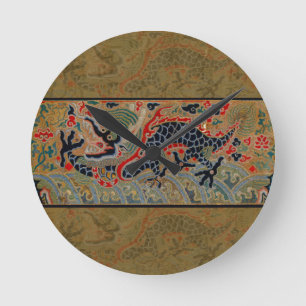 アンティーク中国龍シルク刺繍パターン ラウンド壁時計