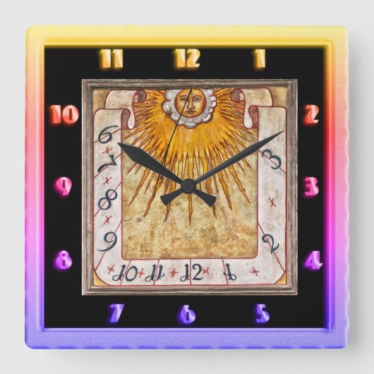 アンティーク先史時代のサンダイヤルと太陽のA顔 スクエア壁時計 (正面)