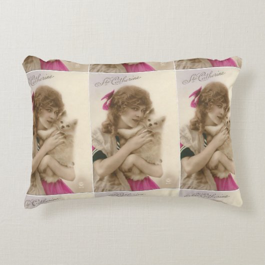 アンティーク写真ビクトリアンの女性と犬 アクセントクッション (正面)