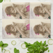 アンティーク写真ビクトリアンの女性と犬 キッチンタオル (折り畳み)