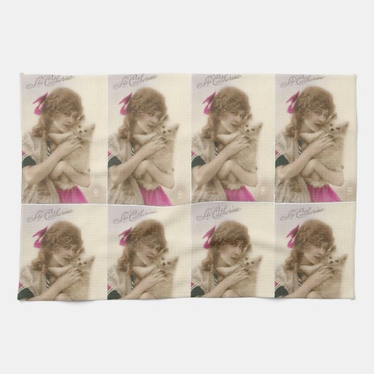 アンティーク写真ビクトリアンの女性と犬 キッチンタオル (横)