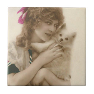 アンティーク写真ビクトリアンの女性と犬 タイル