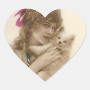 アンティーク写真ビクトリアンの女性と犬 ハートシール