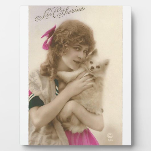 アンティーク写真ビクトリアンの女性と犬 フォトプラーク (正面)