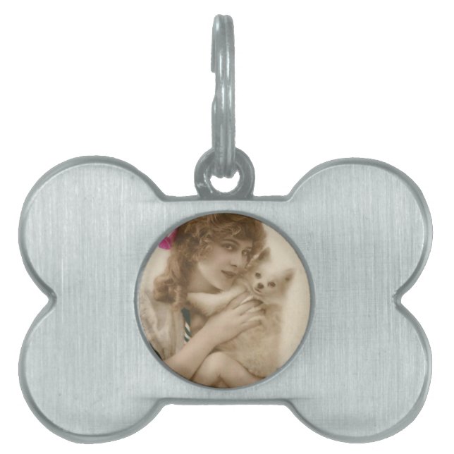 アンティーク写真ビクトリアンの女性と犬 ペットネームタグ (正面)