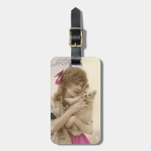 アンティーク写真ビクトリアンの女性と犬 ラゲッジタグ (正面縦)