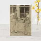アンティーク写真2人でビールを飲む カード (黄色い花)