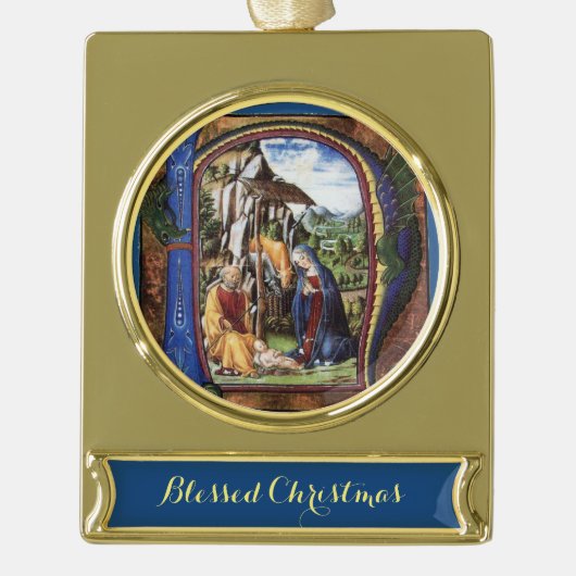 アンティーク出生パーチメントモノグラムクリスマス ゴールドプレートバナーオーナメント (正面)