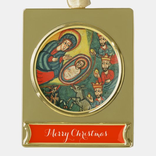 アンティーク出生羊皮紙、マギ崇拝 ゴールドプレートバナーオーナメント (正面)