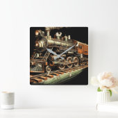 アンティーク列車エンジンレールファン スクエア壁時計 (ホーム)