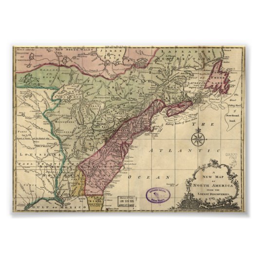 アンティーク北アメリカの地図，復元済み， 1763 フォトプリント            (正面)